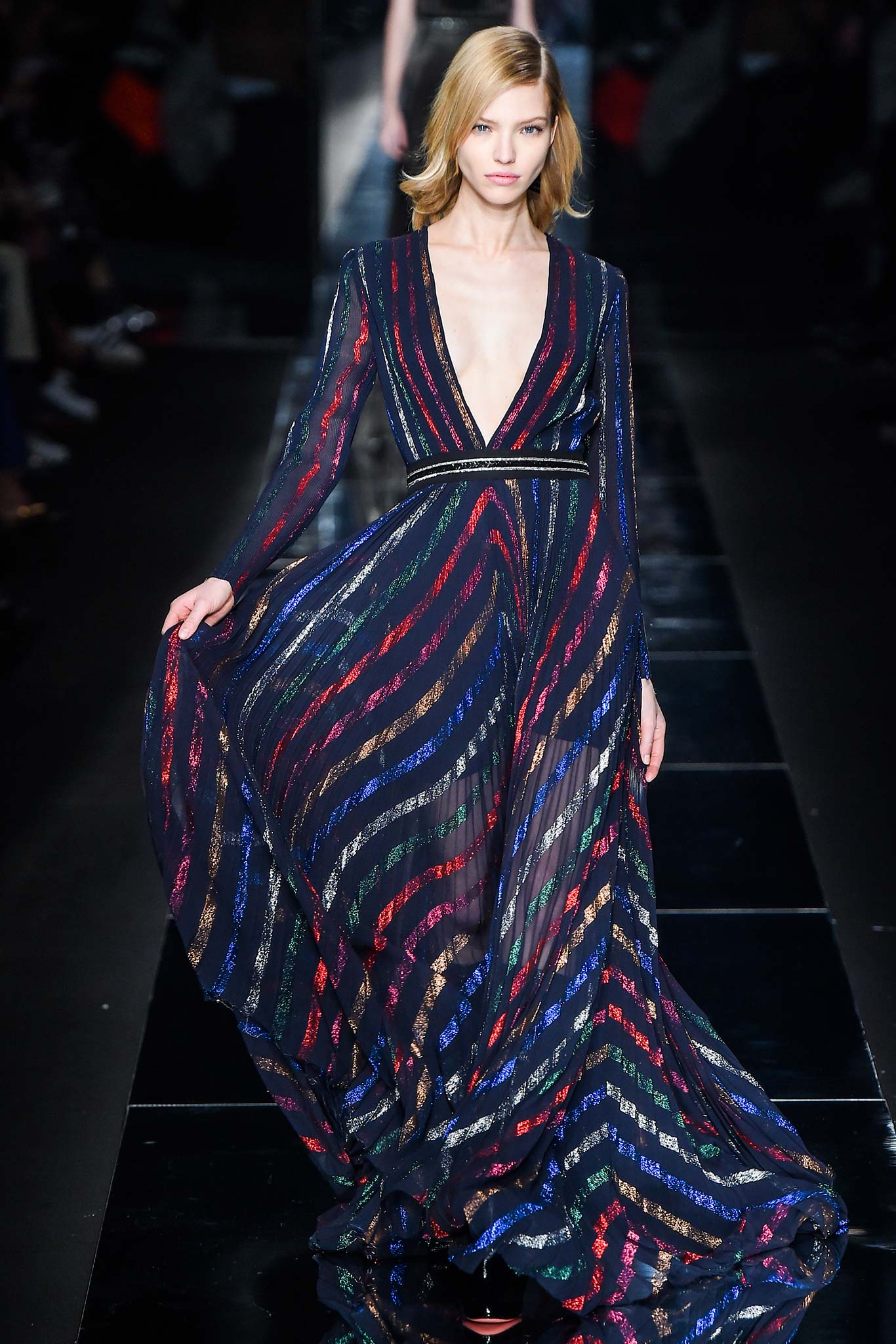 Jennifer Lopez Wears Multicolored Striped Blumarine Fall 2015 Maxi Dress and Gucci Sandals on American Idol 4:22:15