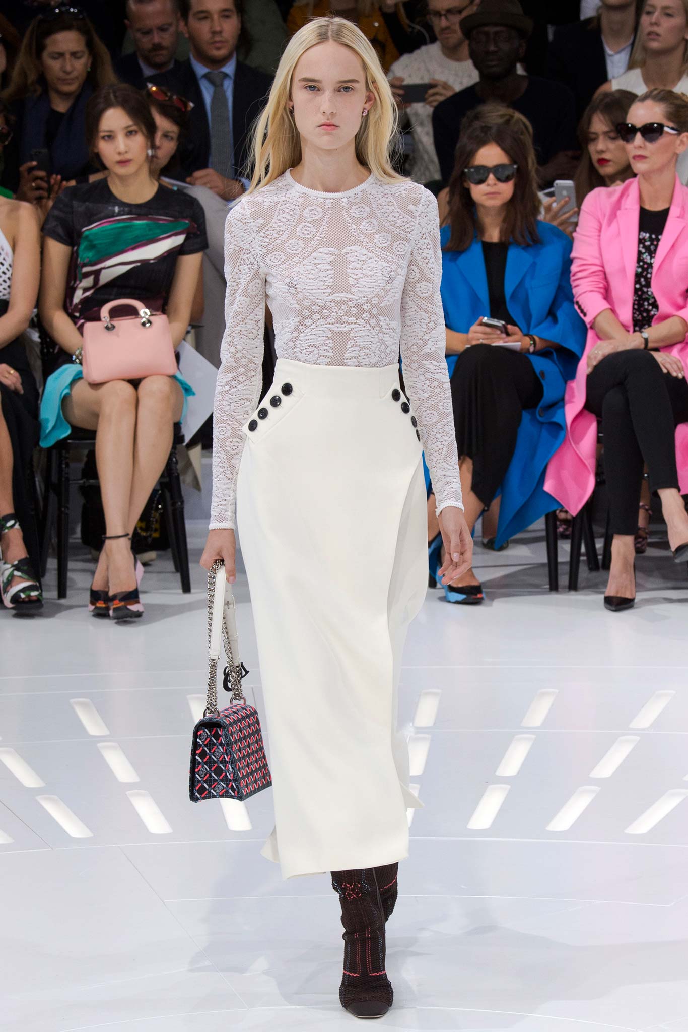Kim Kardashian's Selfish Book Signing Christian Dior Lacy Bodysuit, White Pencil Skirt, and Celine Black Sandals 0