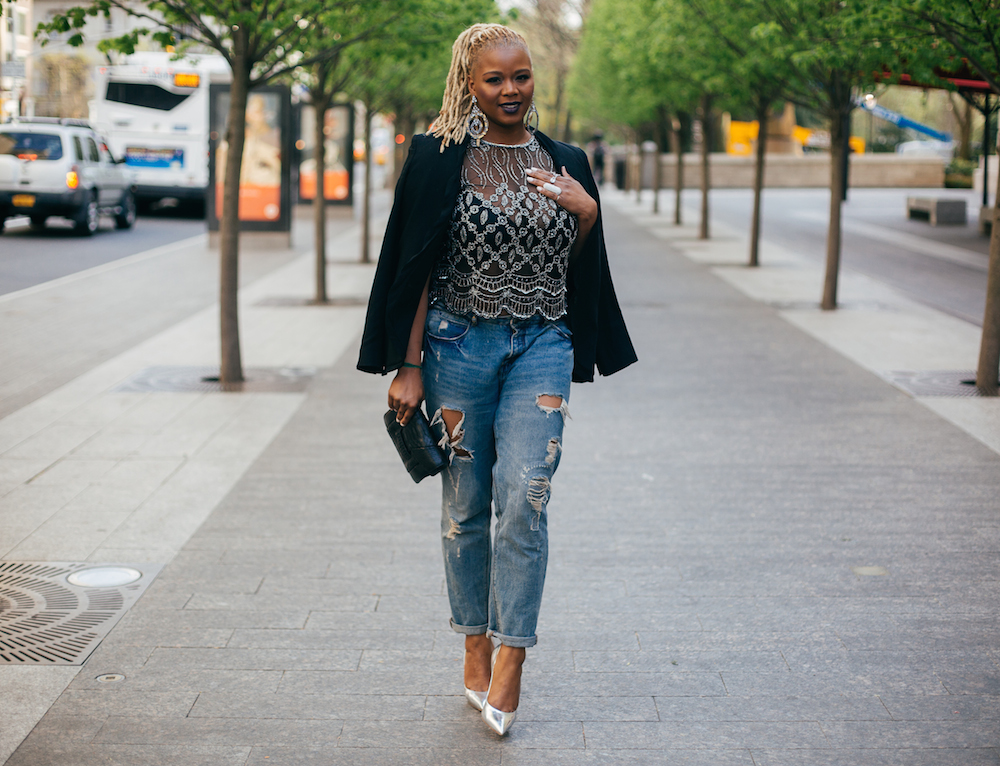 claire sulmers donatella versace met museum talk BeautyLifeFun karl pierre virgos loung top zara boyfriend jeans casadei silver pumps
