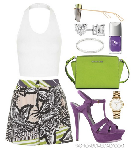 What to Wear to Essence Music Festival 2015 Topshop Ribbed Halterneck Crop Top Topshop Graphic Palm Print Shorts Saint Laurent Tribute Sandals Dior Metallic Color-Block Lens Sunglasses