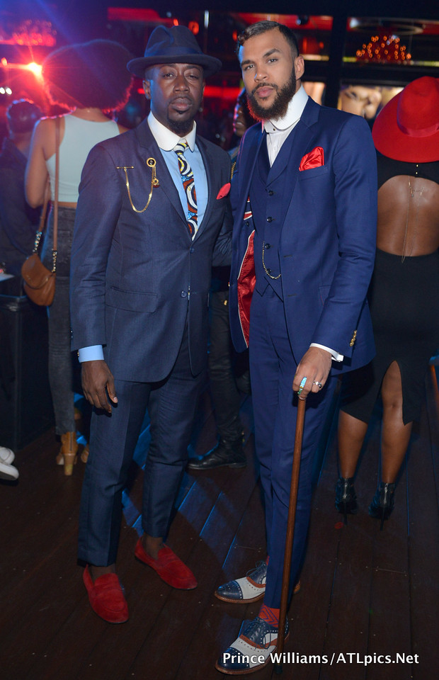 Jidenna 3 Janelle Monae 2Chainz Mix Tape Release Party Black and White Printed Dress and Aquazzura The Queen Multicolor Leather Sandals