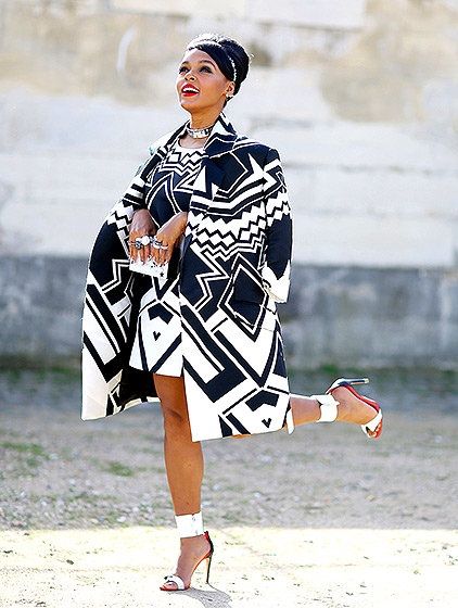99 Janelle Monae's Valentino Spring 2016 Show Philipp Plein Resort 2016 Black and White Printed Dress and Coat + Her Elle USA Party Naeem Khan White Blazer and House of CB Pants