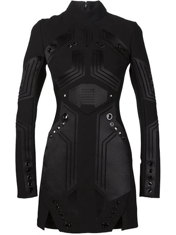 Mugler Eyelet Detail Paneled High Neck Long Sleeve Dress