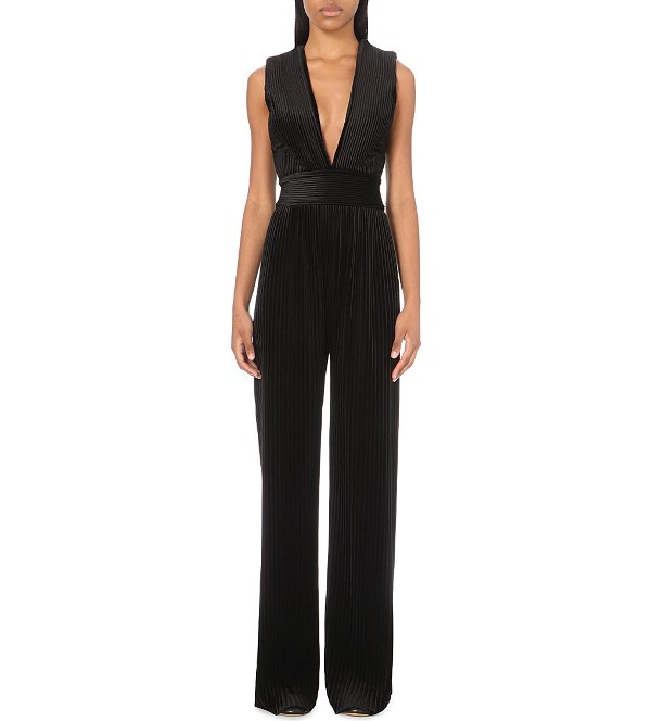 balmain-black-pleated-velvet-jumpsuit