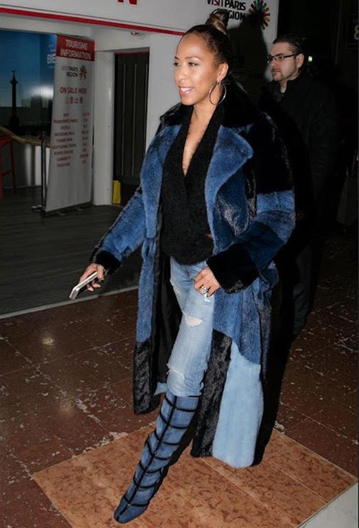 marjorie-harvey-instagram-paris-tom-ford-fall-2015-blue-black-patchwork-fur-coat-patchwork-knee-high-denim-boots