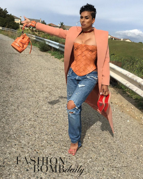 Laura Govan's Instagram House of CB Pink Coat, Marina Hoermanseder Basket Weave Corset, and Levi's Jeans
