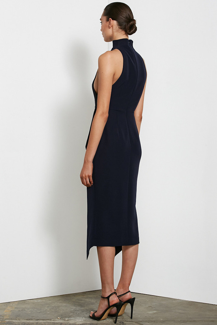 3-Shona Jay Giselle Military High Neck Sleeveless Asymmetric Hem Gold Button Detail Midi Dress