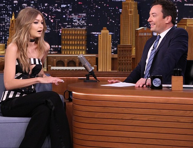 2 Gigi Hadid's Jimmy Fallon Show Rubin Singer Spring 2016 Black and White Striped Strapless Top