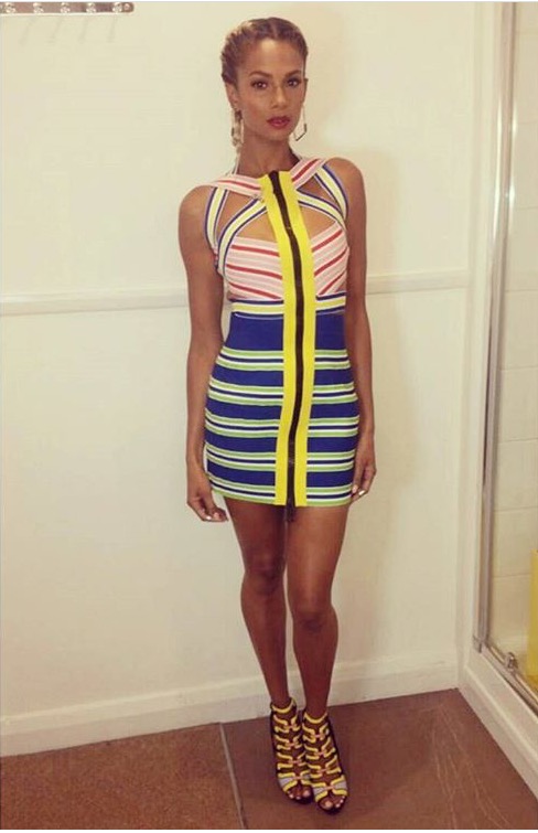 Alesha Dixon Dsquared2 Striped Elastic Bandage Bodycon Dress and Pierre Hardy 'Kaliste' Sandals 3