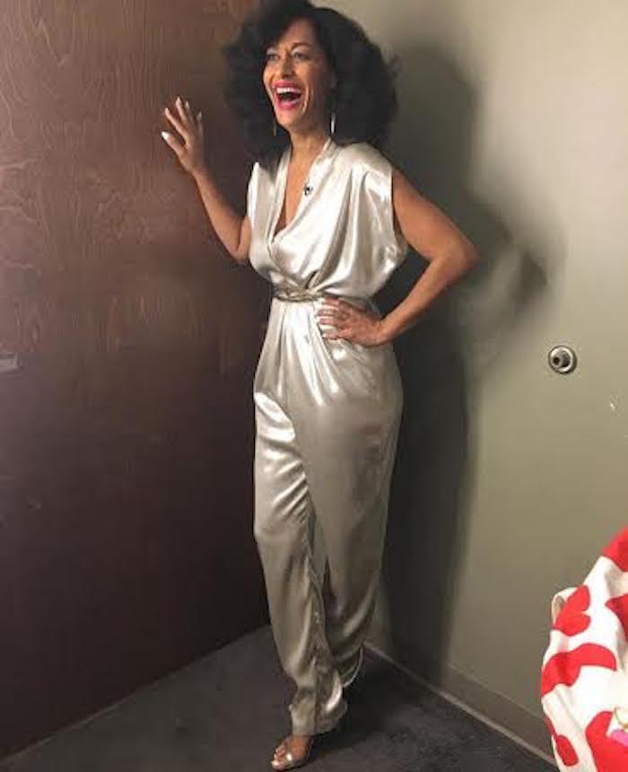 tracee-ellis-ross-instagram-metallic-foil-silver-draped-cap-sleeve-jumpsuit-zero-maria-cornejo