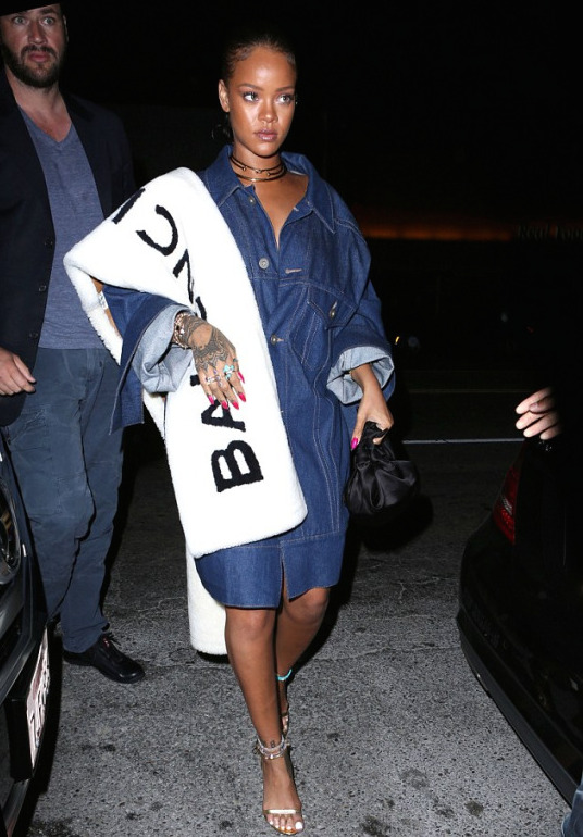 3  rihanna the nice guy balenciaga stole vintage dior dress tom ford sandals matthew dolan oversized denim jacket