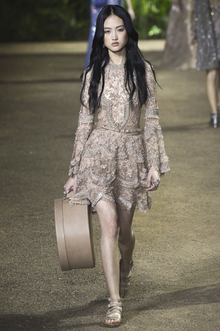 Blake Lively's The Today Show Elie Saab Spring Couture 2016 Peach Embroidered Scallop Dress, Christian Louboutin Gray 'Sweet Charity Sac Chaine' Bag and Stuart Weitzman Legwrap Sandal 9