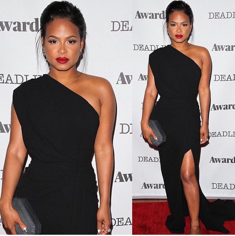 Christina-Milian-Deadline-Event-Rhea-Costa-black-crepe-one-shoulder-gown