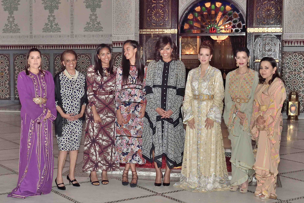 North America Rights Only, Marrakesh, Moroco 6/2816-Princess Lalla Hasna, a guest, Malia and Sasha Obama, US First Lady Michelle Obama, Princesses Lalla Salma, Lalla Meryem, and Lalla Asmaa attend an iftar dinner (ramadan meal) offered by Morocco's King in Marrakesh, on June 28, 2016. The iftar was also attended by American actress Meryl Streep and Indian actress Freida Pinto, who were also attending event of the US initiative "Let Girls Learn," launched in 2015 and supported by Michelle Obama, that seeks to help more than 62 million girls around the world -half of them are adolescent- go to school. -PICTURED: Princess Lalla Hasna, Michelle Obama with Daughters (Malia and Sasha), Princesses Lalla Salma, Lalla Meryem, and Lalla Asmaa -PHOTO by: Balkis Press/ABACA/Startraksphoto.com -Startraks_ABAC_553124_001 Editorial - Rights Managed Image - Please contact www.startraksphoto.com for licensing fee Startraks Photo New York, NY For licensing please call 212-414-9464 or email sales@startraksphoto.com Image may not be published in any way that is or might be deemed defamatory, libelous, pornographic, or obscene. Please consult our sales department for any clarification or question you may have. Startraks Photo reserves the right to pursue unauthorized users of this image. If you violate our intellectual property you may be liable for actual damages, loss of income, and profits you derive from the use of this image, and where appropriate, the cost of collection and/or statutory damages.L-R : Princess Lalla Hasna, a guest, Malia and Sasha Obama, US First Lady Michelle Obama, Princesses Lalla Salma, Lalla Meryem, and Lalla Asmaa attend an iftar dinner (ramadan meal) offered by Morocco's King in Marrakesh, on June 28, 2016. The iftar was also attended by American actress Meryl Streep and Indian actress Freida Pinto, who were also attending event of the US initiative "Let Girls Learn," launched in 2015 and supported by Michelle Obama, that seeks to help more than 62 million girls around the world -half of them are adolescent- go to school. Photo by Balkis Press/ABACAPRESS.COM