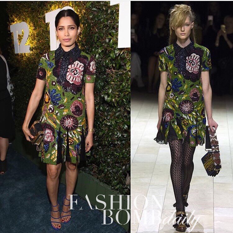 Freida-Pinto-Burberry-Fall-2016-green-dress