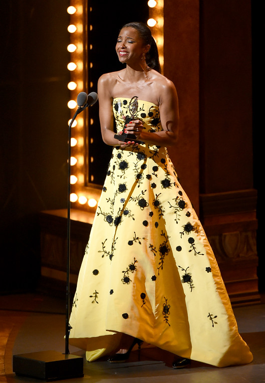 Renee Elise Goldsberry accepts the award for featured actress in a musical for "Hamilton" at the Tony Awards at the Beacon Theatre on Sunday, June 12, 2016, in New York. (Photo by Evan Agostini/Invision/AP)