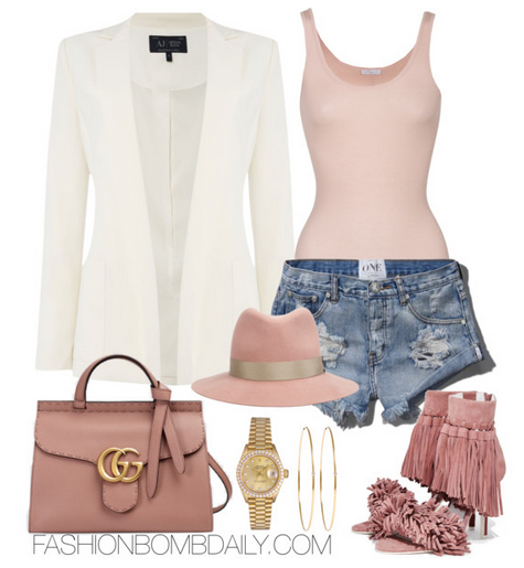 Spring 2016 Style Inspiration 5 Ways to Wear Embellished Heels Armani Jeans blazer Gucci Gg Marmont Leather Bag Jeffrey Campbell Inaba Fringe Suede Heel