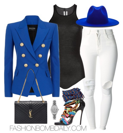 Spring 2016 Style Inspiration 5 Ways to Wear Embellished Heels Balmain Pique Jacket Saint Laurent Monogramme Bag Dsquared2 Techno Japan Sandals