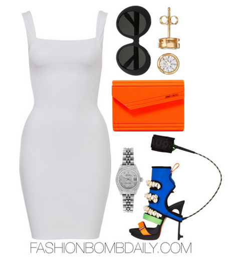 Spring 2016 Style Inspiration 5 Ways to Wear Embellished Heels Dsquared2 Surfer's Paradise Sandals Jimmy Choo Candy clutch Linda Farrow Round-frame acetate sunglasses