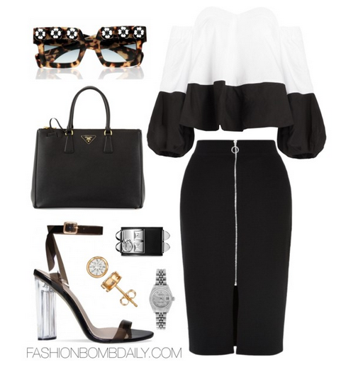 Spring 2016 Style Inspiration Perspex Inspired Outfits New Revival Dual Color Off The Shoulder Top Prada Saffiano Executive Tote Bag Prada Poeme sunglasses