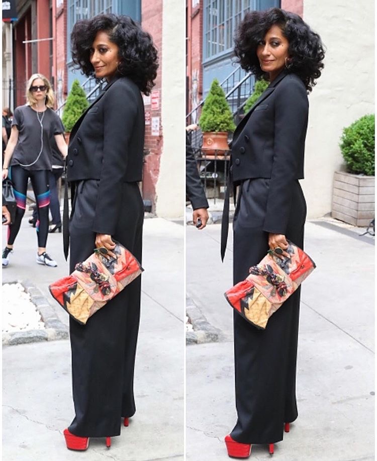 Tracee Ellis Ross Paule Ka suit and Gucci Angel platforms