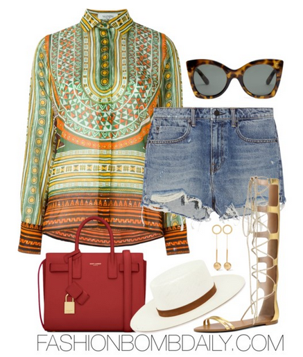 What to Wear 2016 Essence Music Festival Valentino Tribal Sheer Blouse Alexander Wang Distressed denim shorts Saint Laurent Classic Nano Sac De Jour Bag Le Specs Savanna sunglasses