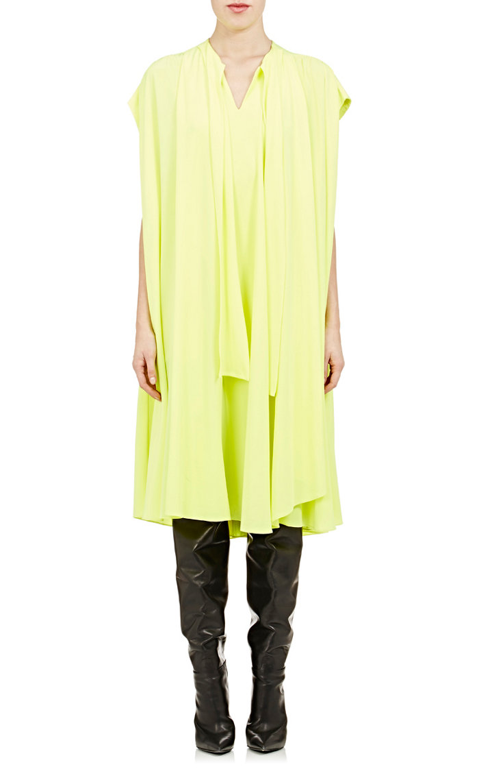 balenciaga-neon-yellow-scarf-neck-crepe-de-chine-dress