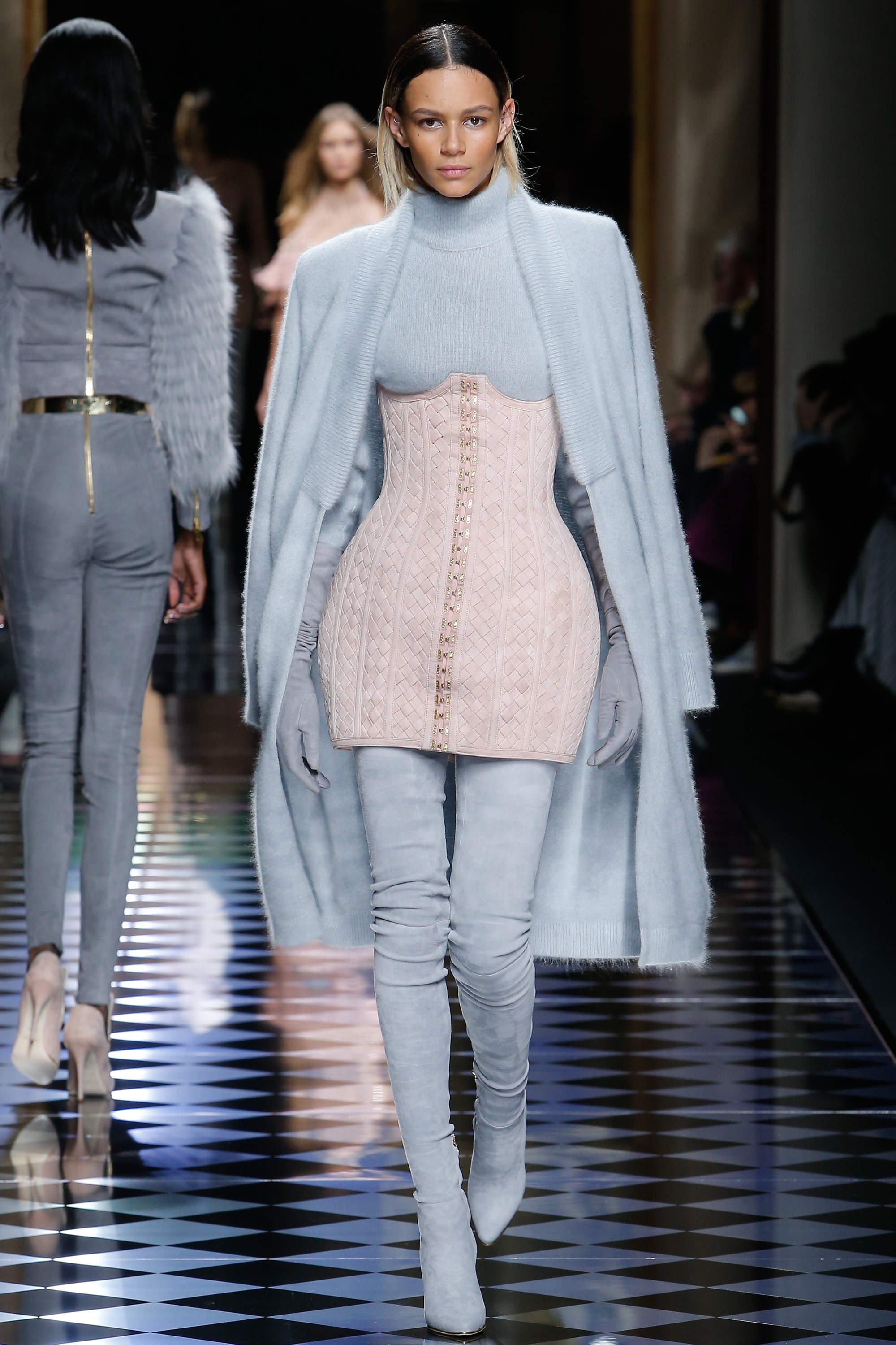 Balmain-Fall-2016-Pastel-Corset-Wool-Turtleneck-OTK-Boots-1