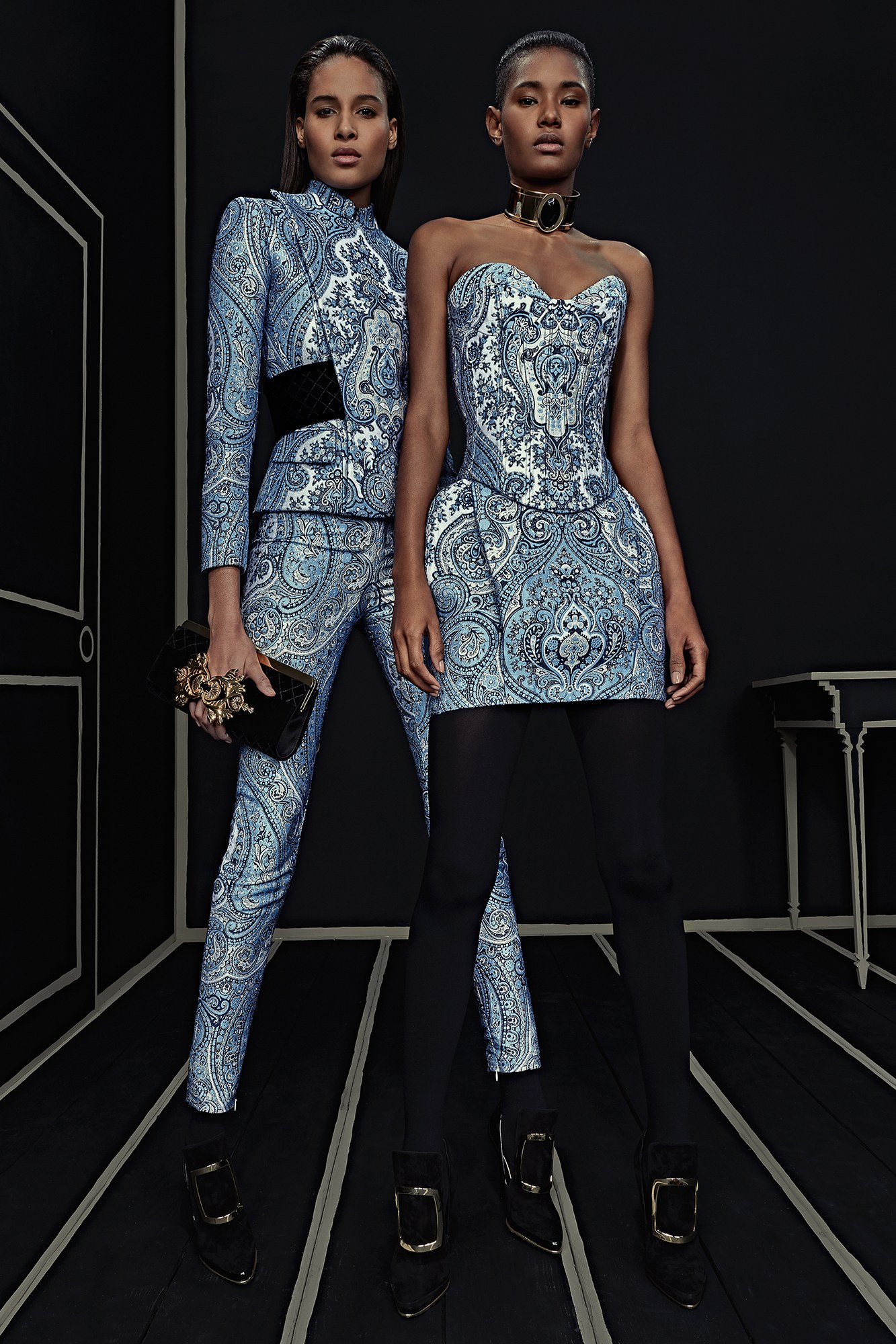Balmain-Pre-Fall-2016-Paisley-Print-Blazer-Structured-Skirt-1