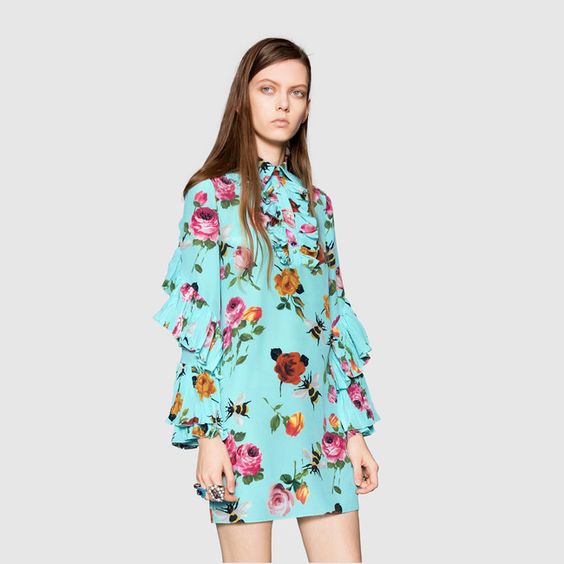 Beyonce Colette Gucci Rose Print Silk Ruffle Dress 7