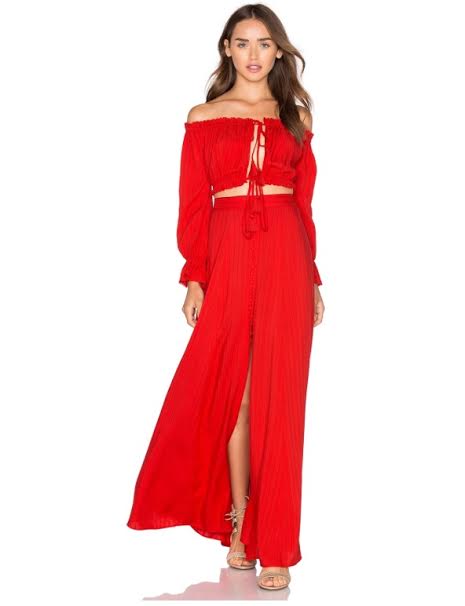 Hot-or-hmm-hailey-baldwin-revolve-in-the-hamptons-majorelle-sangria-top-and-maxi-skirt-brian-atwood-GEM-lace-up-sandals
