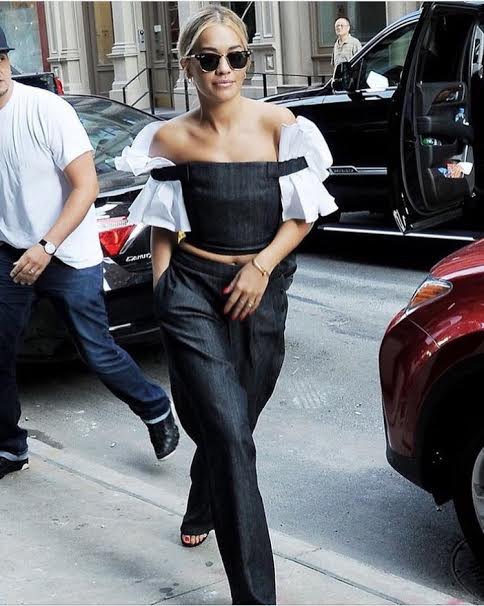 Rita-ora-ADEAM-SS16-denim-pants-and-ruffle-bustier-top-1