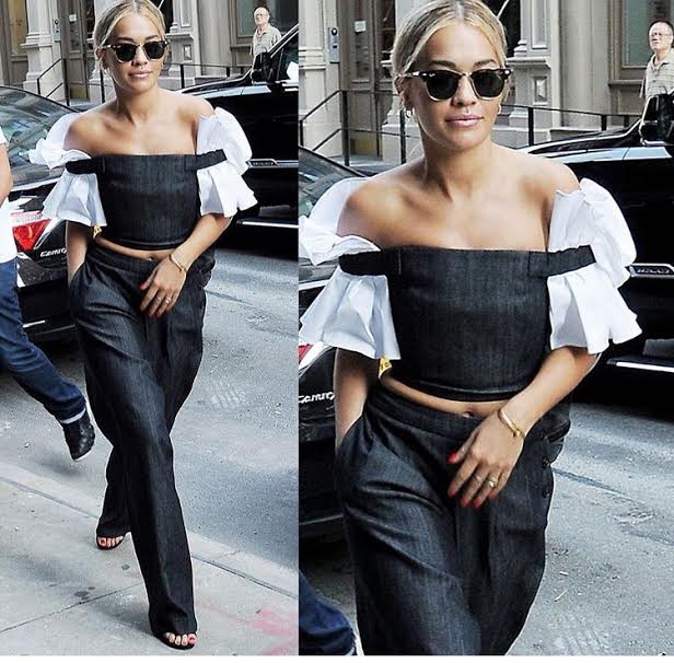 Rita-ora-ADEAM-SS16-denim-pants-and-ruffle-bustier-top-2