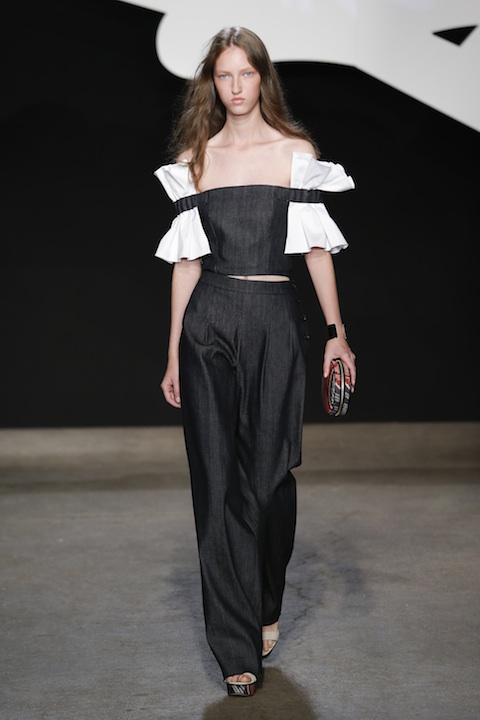 Rita-ora-ADEAM-SS16-denim-pants-and-ruffle-bustier-top