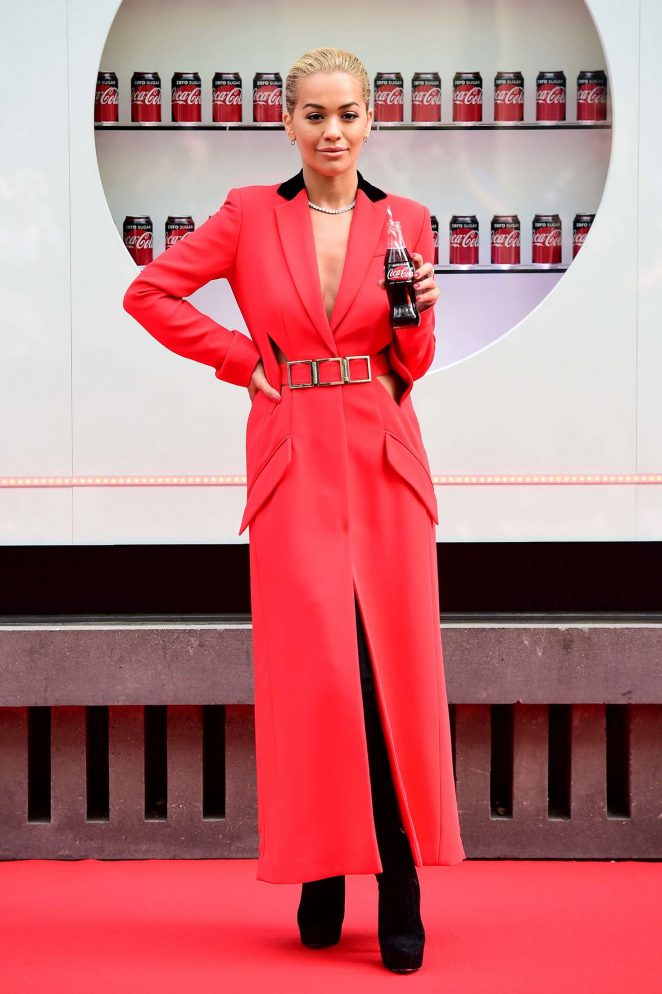 Rita-ora-Coca-cola-launch-party-Antonio-berardi-fall-2016-red-coat-2
