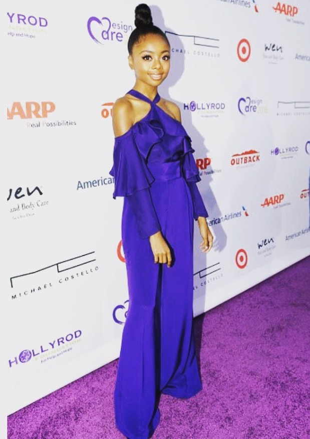 Skai Jackson's Hollyrod Foundation Event Jay Godfrey Blue Ruffle Halter Top and Flared Pants 1