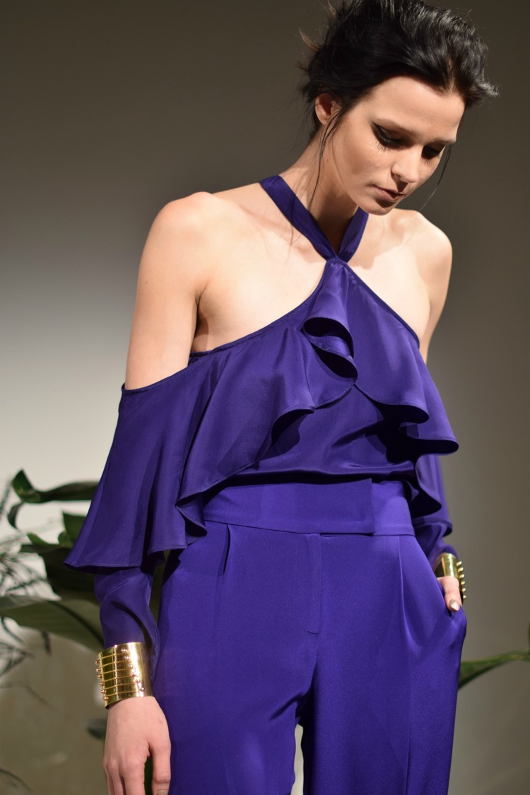 Skai Jackson's Hollyrod Foundation Event Jay Godfrey Blue Ruffle Halter Top and Flared Pants 4