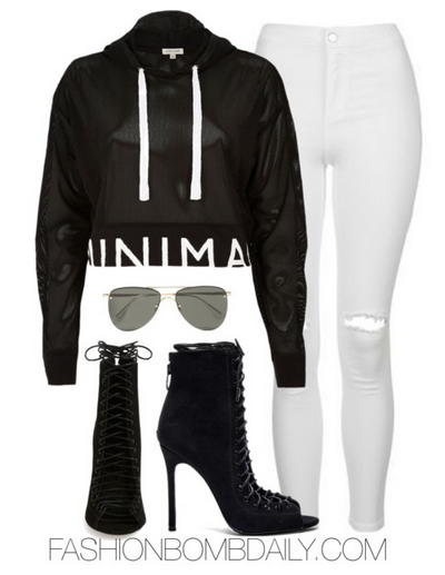 Summer 2016 Style Inspiration 4 Affordable Outfit Ideas River IslandBlack mesh minimal print hoodie Topshop White Rip Joni Jeans KENDALL + KYLIE Ginny Heel