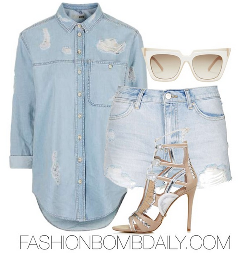 Summer 2016 Style Inspiration 4 Affordable Outfit Ideas TopShop Moto Rip Denim Shirt TopShop Moto Ripped Rosa Shorts TopShop Riri Cut-Out Sandals Self-Portrait x Le Specs Edition One Sunglasses