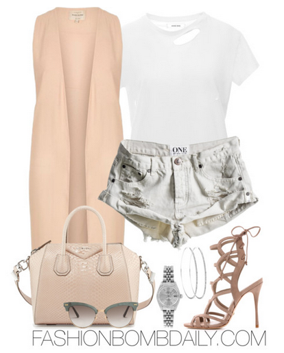 Summer 2016 Style Inspiration 4 Ways to Wear a Duster Coat River Island Pink sleeveless duster jacket Anine Bing Distressed T-Shirt Givenchy Antigona Python Satchel Schutz Joelle Strappy Sandals