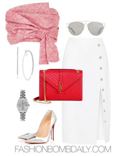 Summer 2016 Style Inspiration Fourth of July Inspired Outfit Ideas Adeam Wrap Bustier Top Cushnie et Ochs Button-embellished stretch-cady skirt Christian Louboutin So Kate Pump