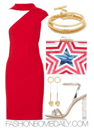 Summer 2016 Style Inspiration Fourth of July Inspired Outfit Ideas Gareth Pugh Asymmetric dress Gianvito Rossi Perspex-heeled metallic leather sandals Kotur Taylor Star Perspex Clutch
