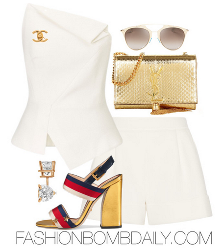 Summer 2016 Style Inspiration Fourth of July Inspired Outfit Ideas Roland Mouret Leonard Top 3.1 Phillip Lim Ponte shorts Gucci Grosgrain Web Sandal Saint Laurent Small Monogramme Tassel Clutch