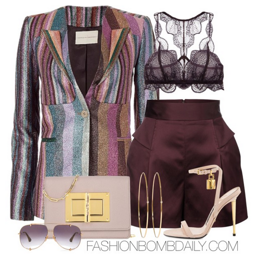 Summer 2016 Style Inspiration What to Wear to Cocktails with Claire Marco de Vincenzo Metallic Stripe Blazer Tom Ford Natalia Bag Tom Ford Lock Ankle-Wrap Sandal