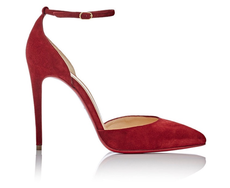 Zoe Saldana The Late Show Victoria Beckham Black Crepe de Chine Knot Blouse, Matching High Waisted Pencil Skirt, and Christian Louboutin 'Uptown' Red Ankle Strap Pumps 10