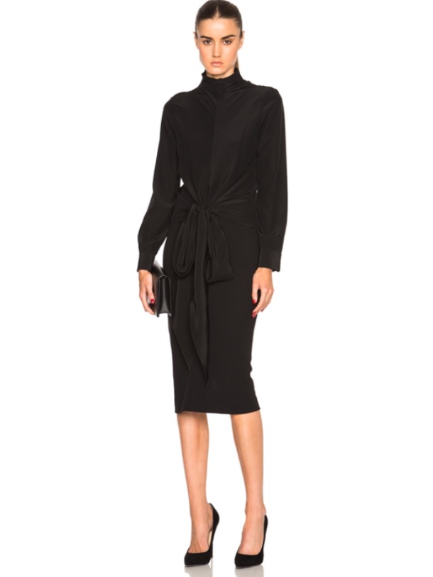 Zoe Saldana The Late Show Victoria Beckham Black Crepe de Chine Knot Blouse, Matching High Waisted Pencil Skirt, and Christian Louboutin 'Uptown' Red Ankle Strap Pumps 7