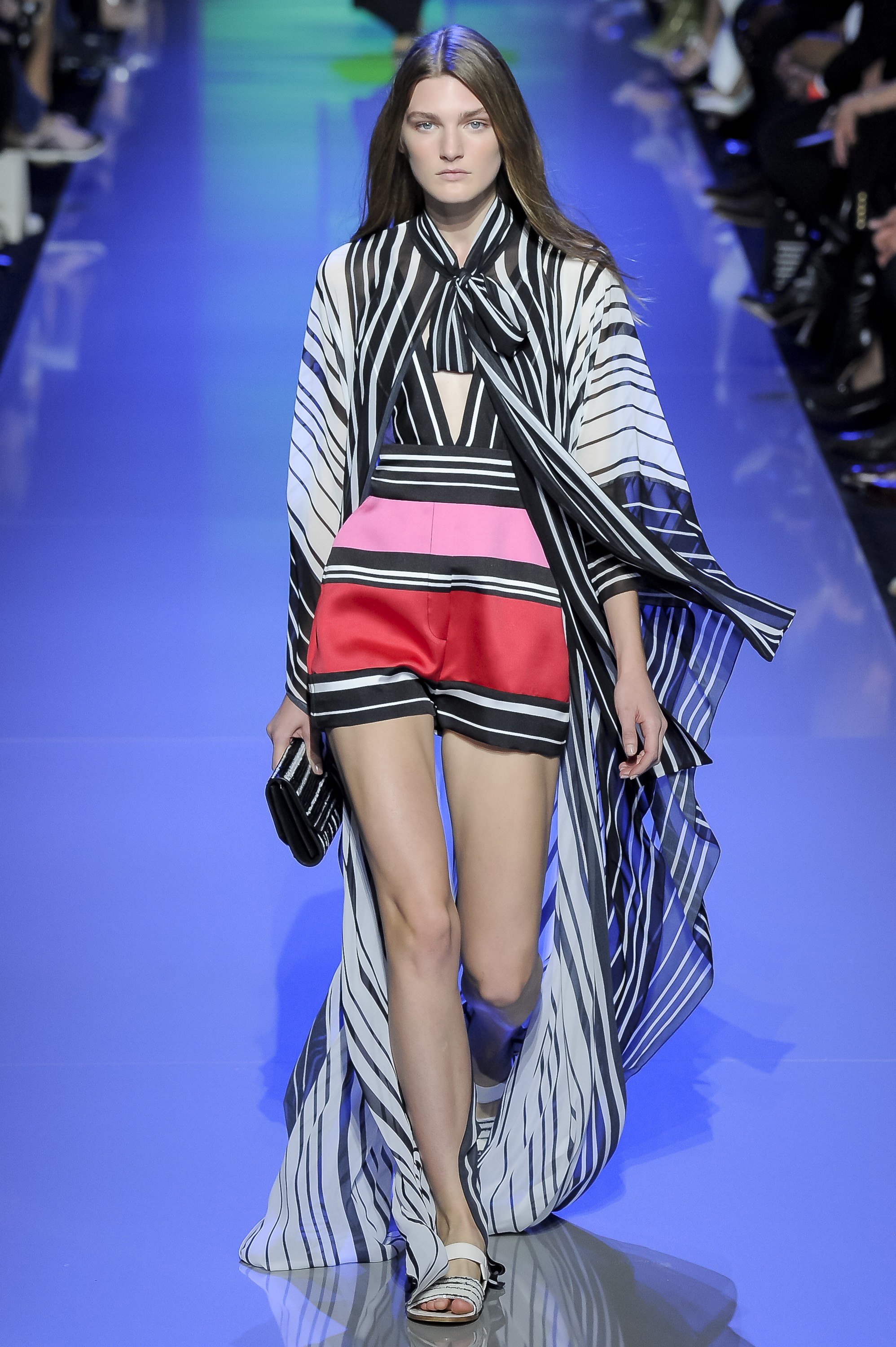 elie-saab-spring-2016-multicolor-stripe-romper-playsuit-black-white-stripe-cape-robe