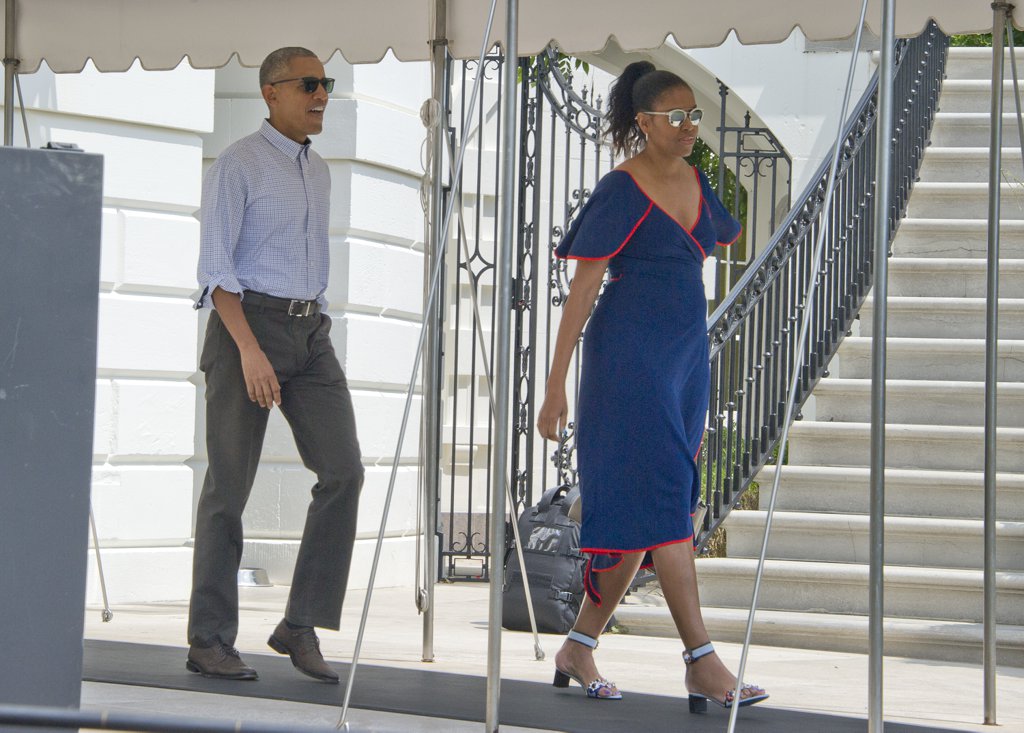 2-Michelle-Obama-Dress-Vacation-Martha-Vineyard-tory-burch-resort-2016-navy-orange-piping-wrap-front-flutter-sleeve-dress-fendi-embellished-applique-block-heel-sandals