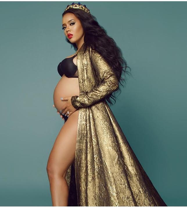 Angela-Simmons-Maternity-shoot-stello-gold-dress-vauje-royal-crown