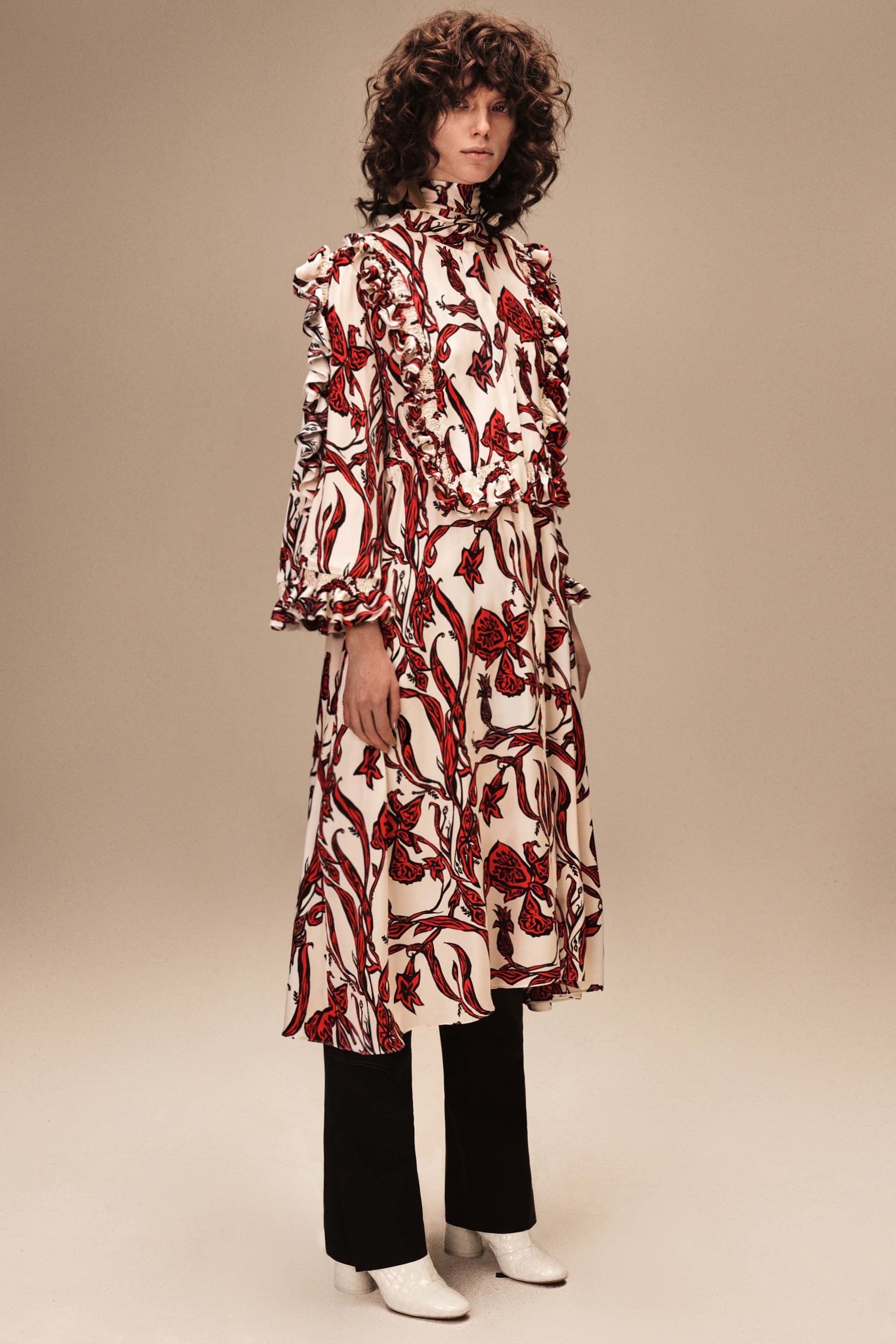 Ellery Resort 2017 Red White and Black Printed High Neck Ruffle Trim Long Sleeve Coat Dress